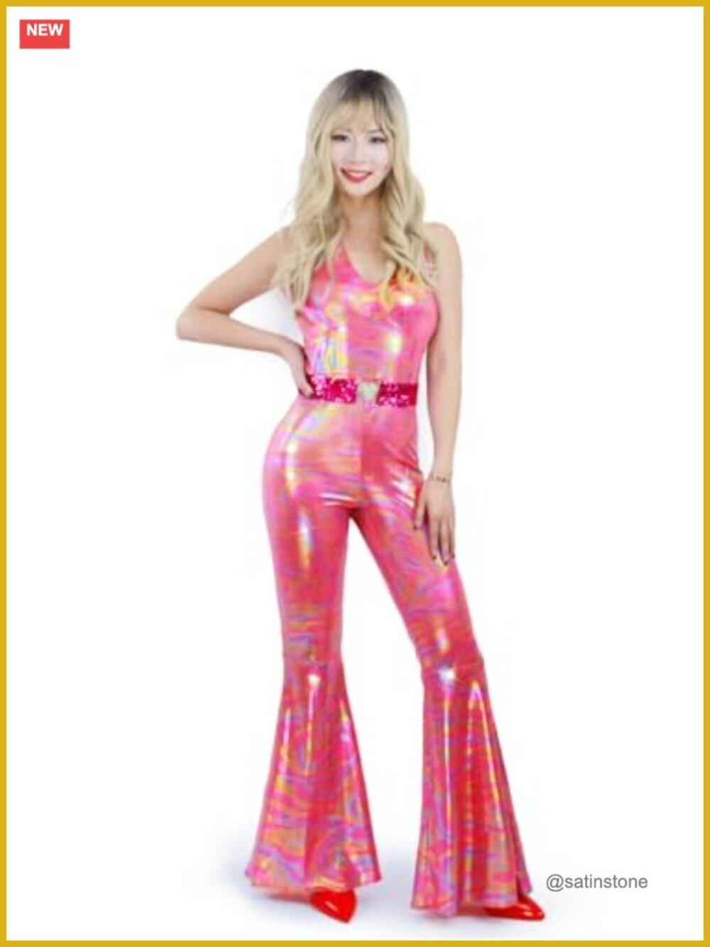 Disco Jumpsuit 70s 80s Costume Adult Sleeveless V-Neck Prom Cosplay